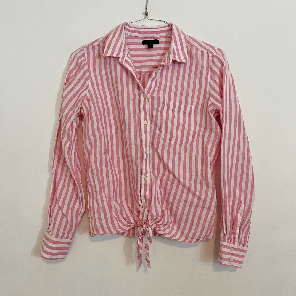 J. Crew Factory Pink and White Striped Tie-Front Button-Up Shirt